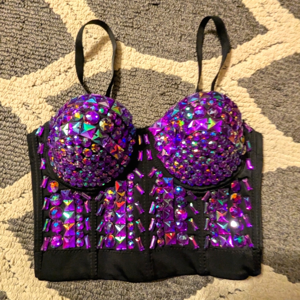 New WOT Jeweled Purple & Black Bra Size 34 Never Worn One Of A Kind Flirty Sexy